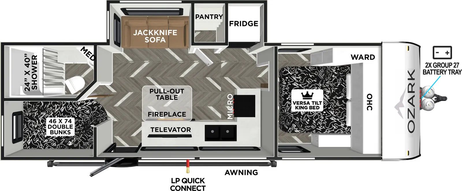 The Ozark 26KB floorplan has one entry and one slide out. Exterior features include: metal exterior. Interiors features include: bunk beds and front bedroom.